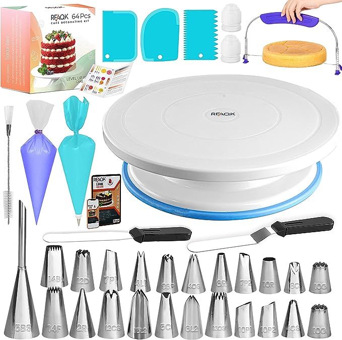 RFAQK 64 PCs Cake Decorating Kit for Beginners Includes Video Course, Booklet + Baking Supplies G... | Amazon (US)