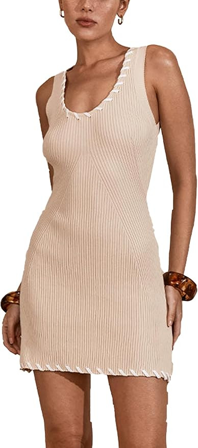 VAOYIU Womens Sleeveless Tank Dress Sexy Mini Bodycon Dress Ribbed Knit Fitted Dresses(1-Apricot-... | Amazon (US)