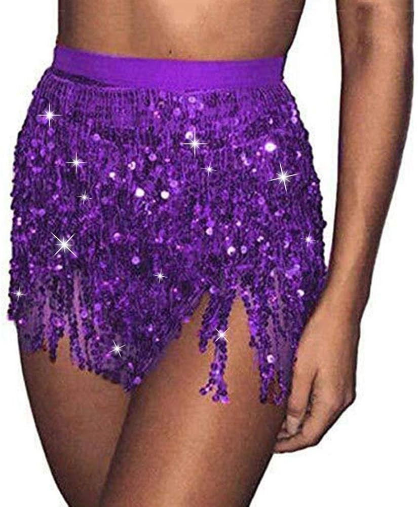 Victray Belly Dance Hip Skirt Tassel Scarf Sequin Wrap Rave Costume for Women | Amazon (US)