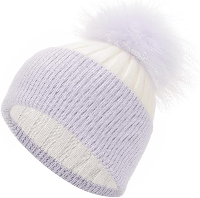 Womens Cashmere Winter Ribbed Knit Cuffed Beanie Hat with Real Fur Pom Pom Beanie Skull Cap Ski H... | Amazon (US)