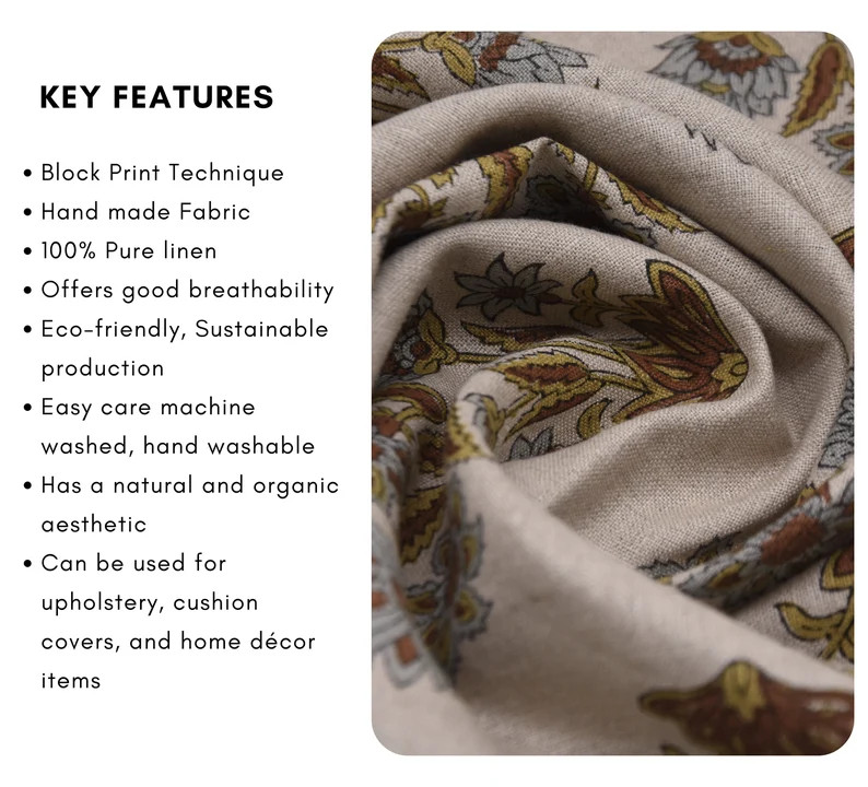 Pure Linen 58 Wide Block Print Fabric, Upholstery Chair Cover, Natural Soft Fabric for Cushions, ... | Etsy (US)