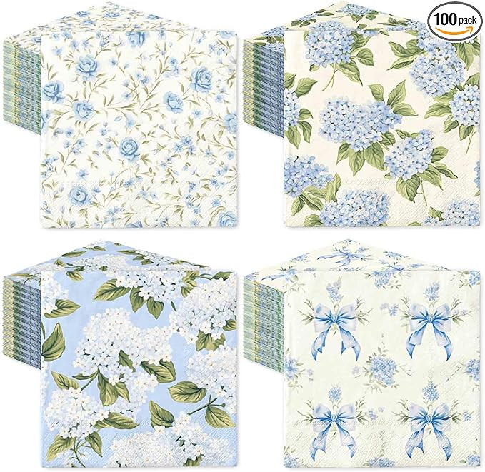 100Pcs Blue Floral Paper Napkin Spring Summer Flower Luncheon Napkin Hydrangea Disposable Dinner ... | Amazon (US)