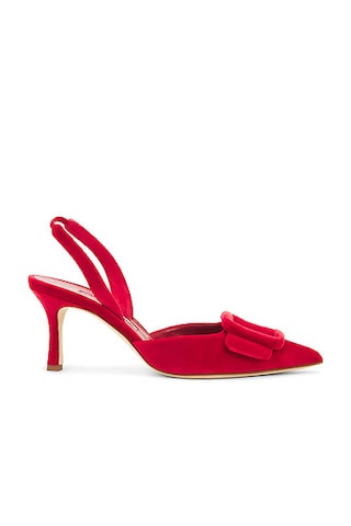 Manolo Blahnik Maysli 70 Velvet Pump in Bright Red | FWRD | FWRD 
