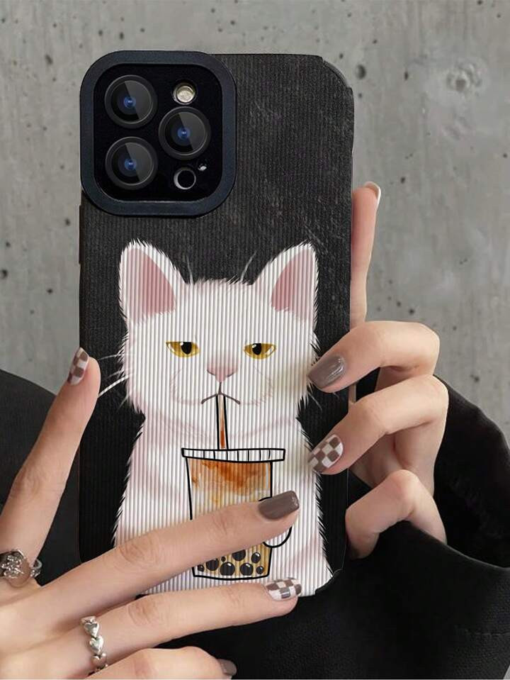 1 Peça Capa De Telefone Anti-queda Macia Com Padrão De Gato De Desenho Animado Textura De Couro... | SHEIN