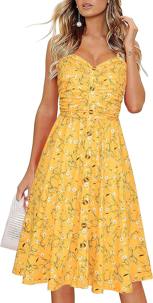 Women's Summer Casual Dress Florals Buttons Down Ruched Sweetheart Neck Sleeveless Midi Sundress | Amazon (US)
