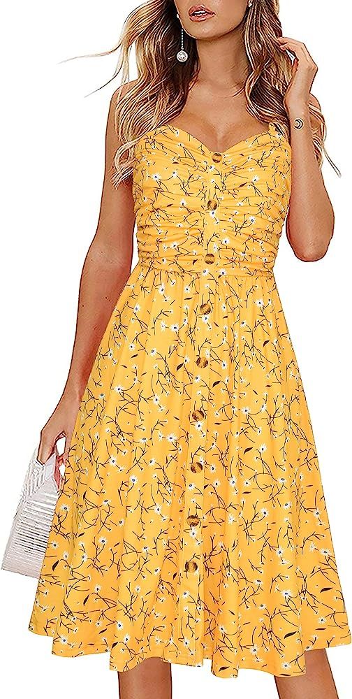 Drimmaks Women's Summer Dress Florals Buttons Down Ruched Sweetheart Neck Sleeveless Flattering W... | Amazon (US)