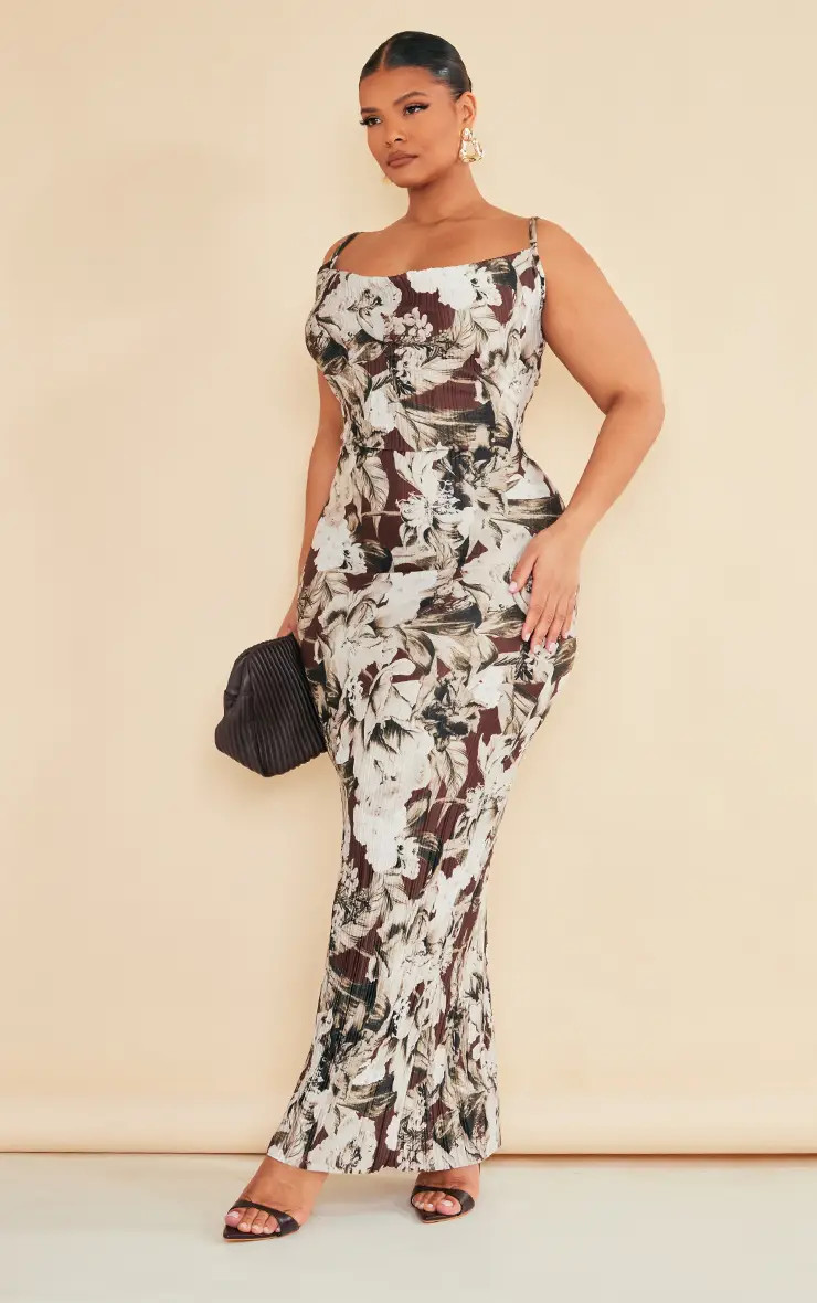 Brown Floral Printed Plisse Cowl Neck Maxi Dress | PrettyLittleThing USA | PrettyLittleThing US