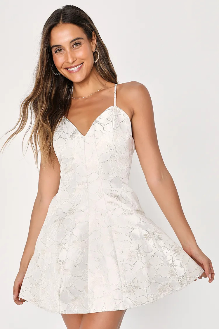 Shining Brightly Ivory and Gold Floral Jacquard Mini Dress | Lulus (US)