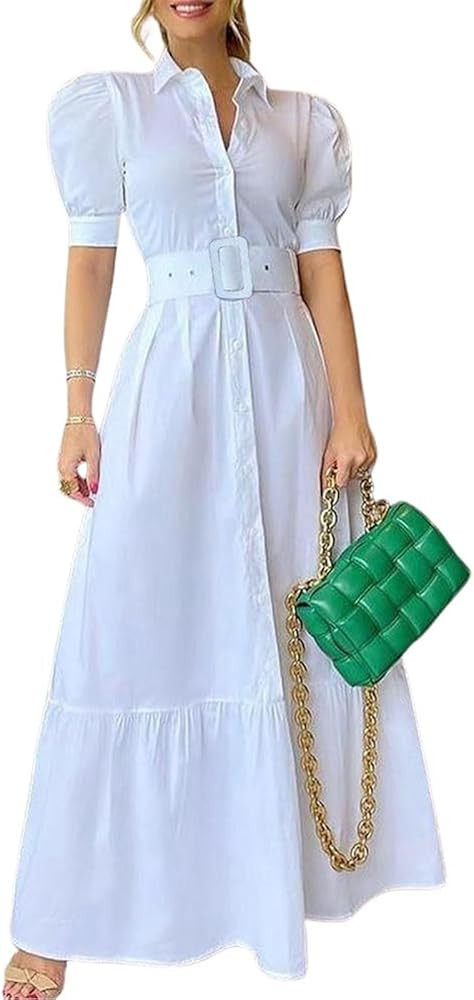 utcoco Womens Striped Button Down Shirt Dress Casual Puff Short Sleeve Ruffle Hem Maxi Dresses wi... | Amazon (US)