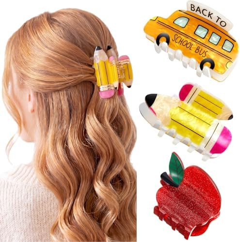 3 Pcs Back to School Gift Pencil School Bus and Apple Hair Claw Clips for Women Funny Teacher Cli... | Amazon (US)