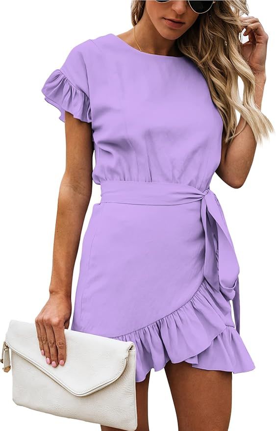 Relipop Women's Dress Solid Fishtail Short Sleeve Wrap Ruffle Hem Mini Short Dresses | Amazon (US)