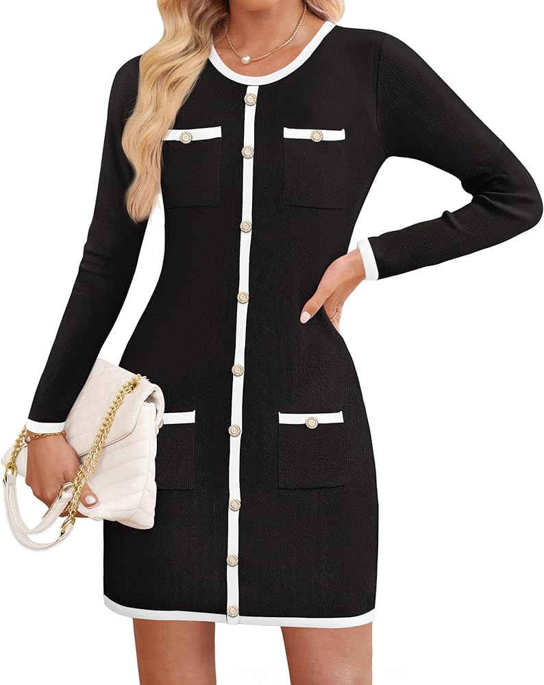 ZESICA Fall Dresses for Women 2025 Long Sleeve Button Color Block Knit Bodycon Short Sweater Dres... | Amazon (US)