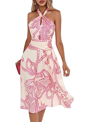 WDIRARA Women's Printed Cut Out Sleeveless Ruffle Hem Wrap A Line Midi Halter Dress Pink L | Amazon (US)