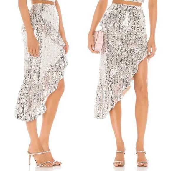NEW Majorelle Revolve Warren Sequin High Low Asymmetrical Ruffle Midi Sk… | Poshmark
