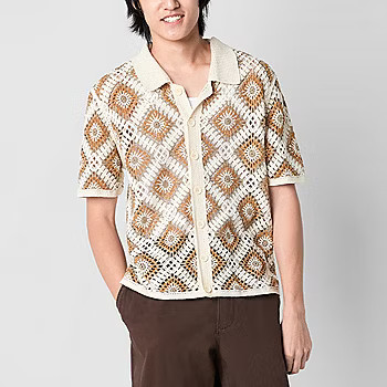 Mens Short Sleeve Button-Down Crochet Shirt, Color: Khaki - JCPenney | JCPenney