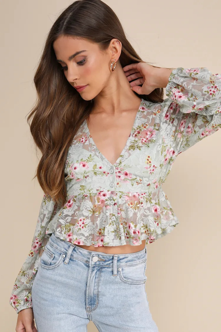 Charming Suggestion Sage Floral Lace Peplum Balloon Sleeve Top | Lulus