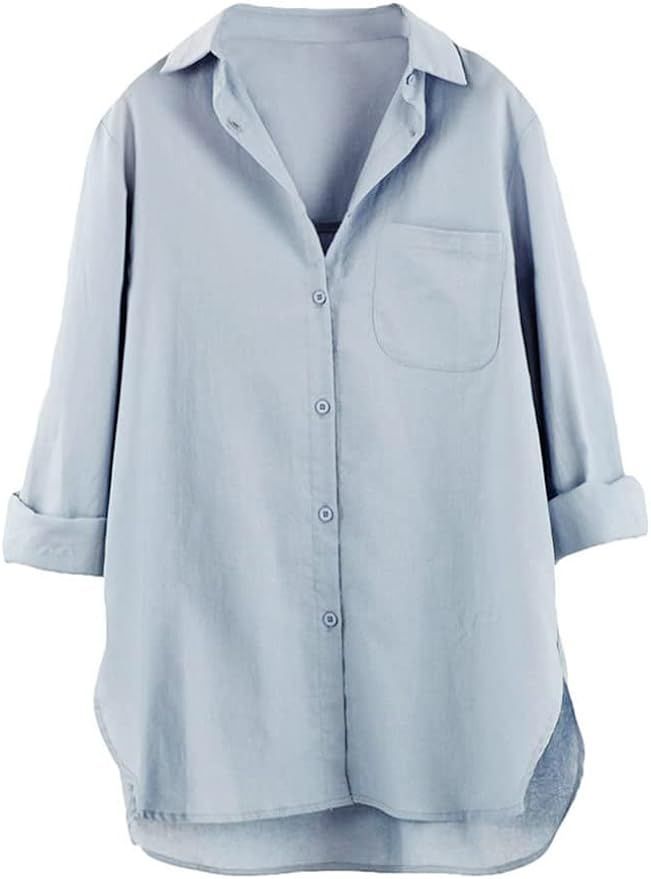 Cofouen Women's Cotton Linen Shirts Button Down V Neck Blouse Casual Long Sleeve High Low Tops | Amazon (US)