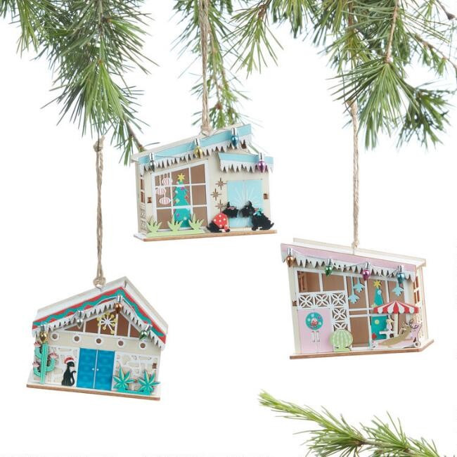 Wood Mid Century House Ornaments Set of 3 | World Market