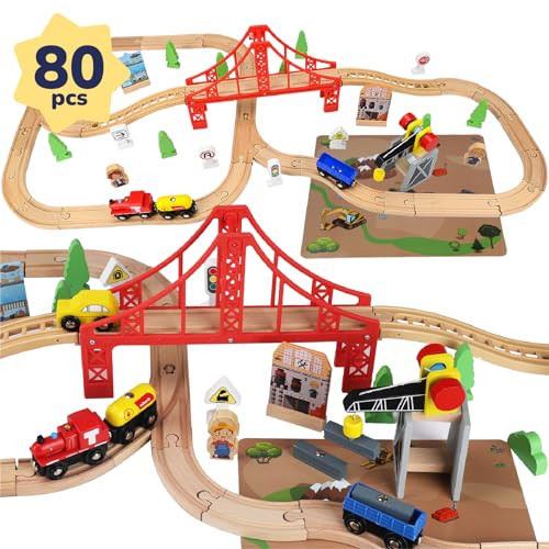 TOY Life Wooden Train Set 80pcs with Magnetic Crane, Wooden Train Tracks Toys for Toddlers Boys Girls 3 4 5, 3 Year Old Boy Gift, Wood Toys Toddler Train for Kids 4-8 - Fits Thomas Brio Chuggington | Amazon (US)