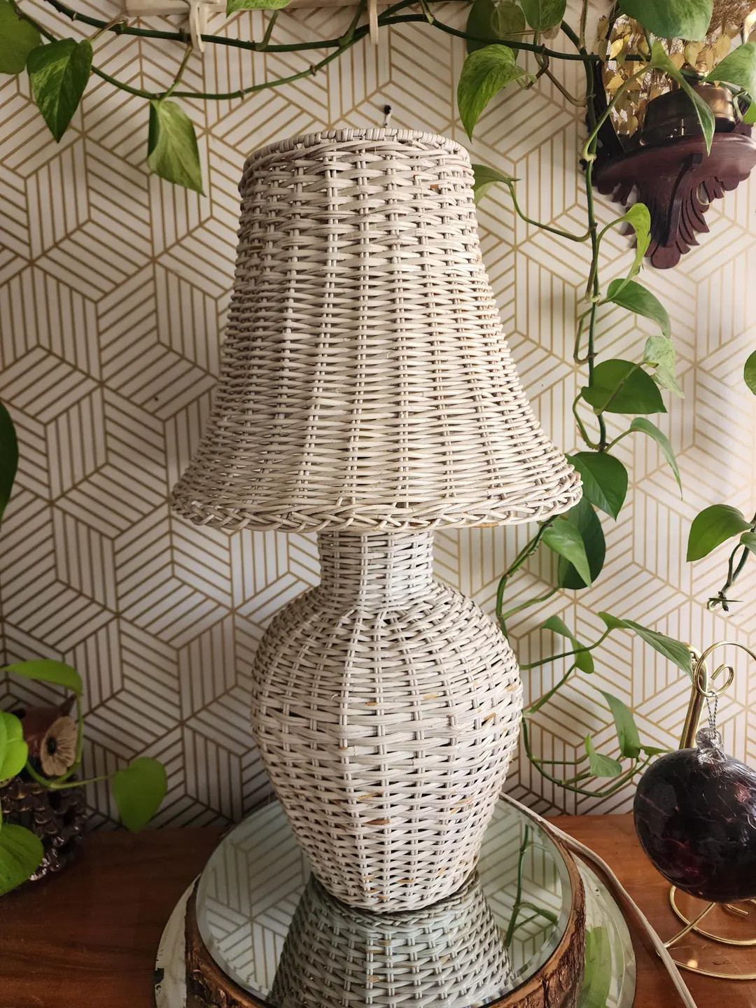 Mid-century Coastal Boho Chic White Wicker Table Lamp and Shade - Etsy | Etsy (US)