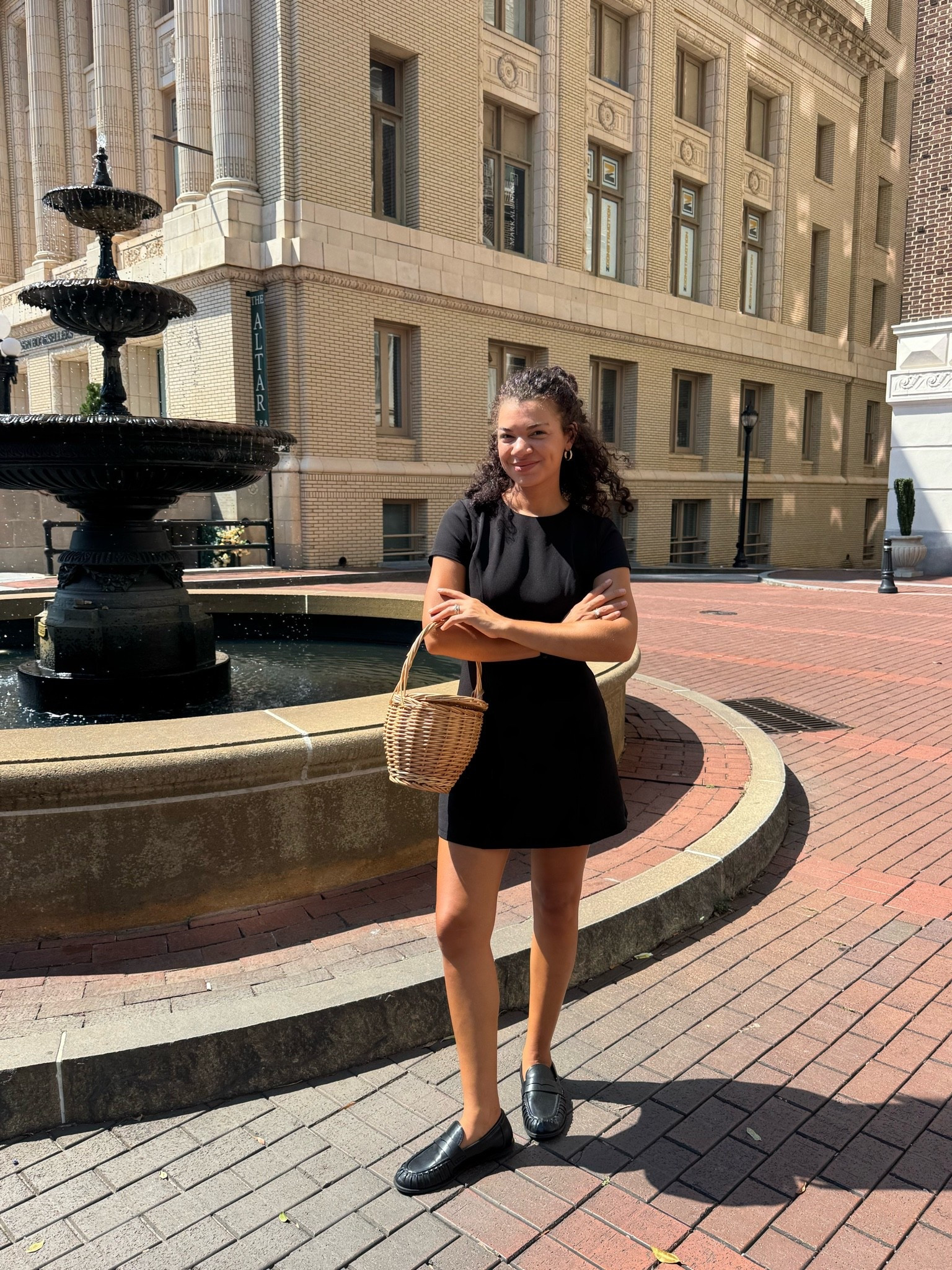 early fall transitional outfit with loafers, a black dress, and a wicker bag

#LTKootd