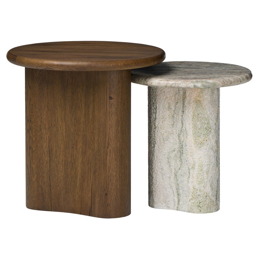 Waylie Rustic Fawn Oak River Grey Marble Nesting End Tables | Kathy Kuo Home