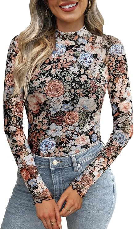 OFEEFAN Womens Long Sleeve Mesh Top See Through Mock Neck Sheer Blouses | Amazon (US)