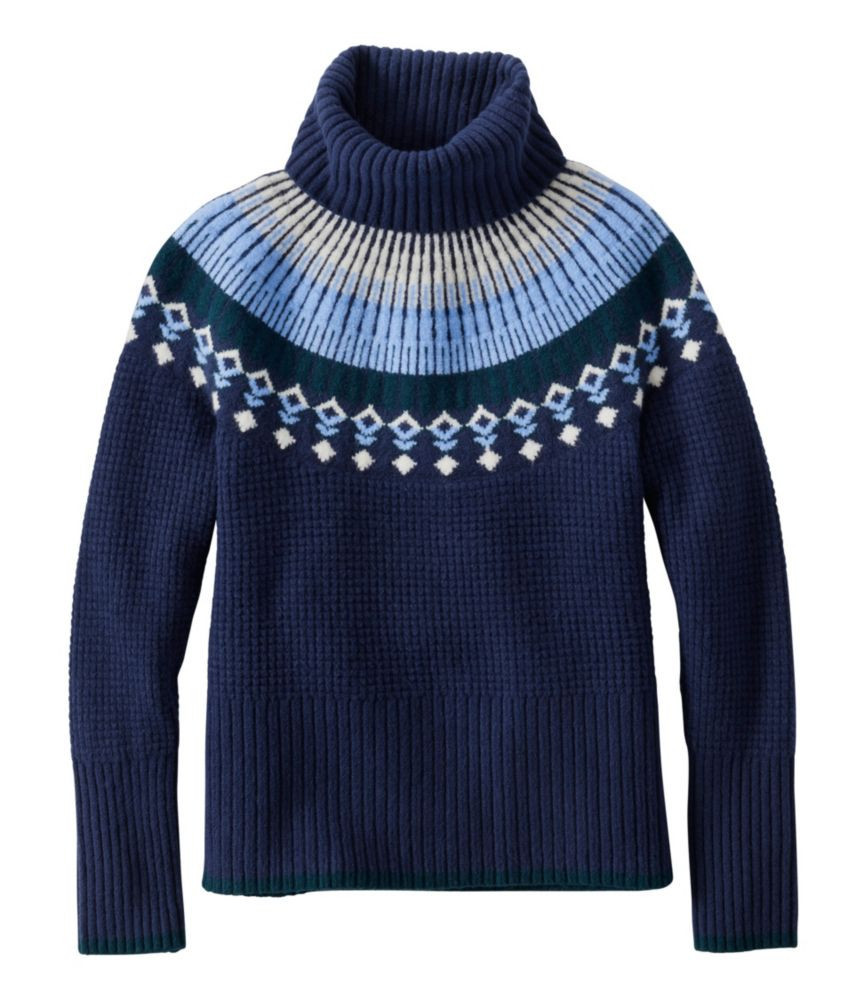 Women's SuperSoft Waffle Sweater, Turtleneck Fair Isle Classic Navy/Mariner Blue Fair Isle Medium, Cotton/Nylon L.L.Bean | L.L. Bean