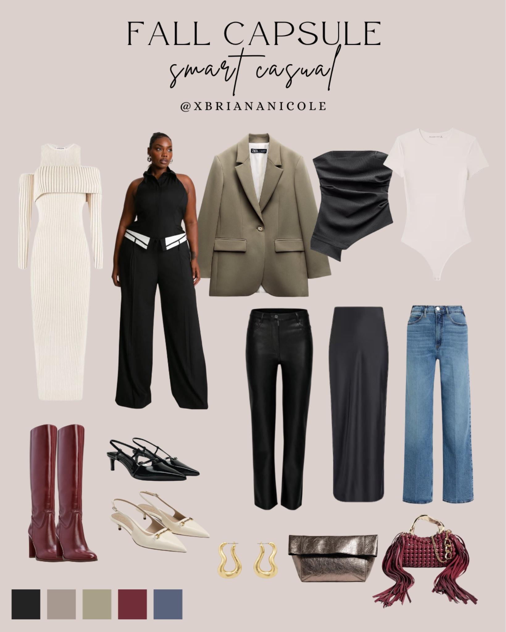 Smart casual fall capsule wardrobe! Perfect for the office, brunch, or date night. Fall trends, fall outfits, sweater dress, fall dress,  girls night out, date night, brunch outfit, leather pants, blazer, jumpsuit, red boots, kitten heels, fall wardrobe 

#LTKSeasonal #LTKstyletip #LTKGiftGuide