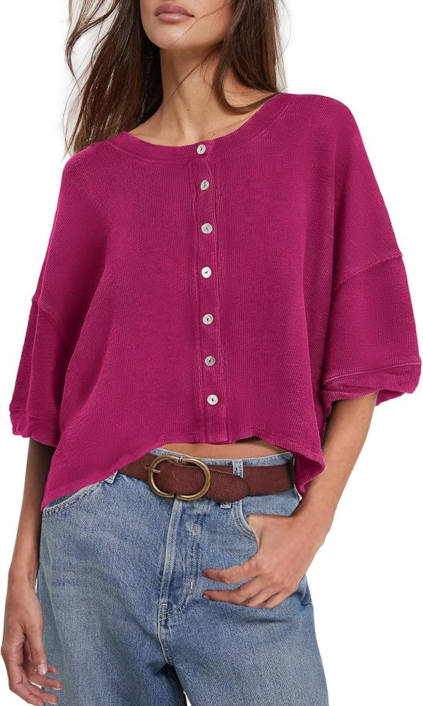 Yanekop Womens Cropped Cardigan Short Sleeve Cardigan Button Up Lightweight Cardigans Oversized B... | Amazon (US)