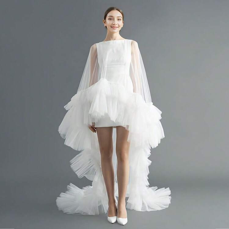 1 Set Bridal Tulle Cape Multilayer Ruffle Lace Shawl, Wrap With Ruched Hem For Wedding Photos, Ho... | SHEIN