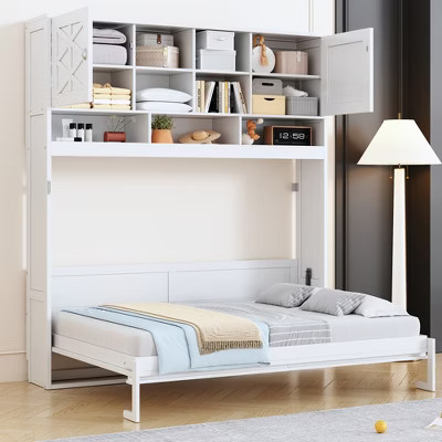 Queen Size Murphy Bed Foldable Bed Space-saving Wall Bed with Storage Shelves, White -ModernLuxe | Target