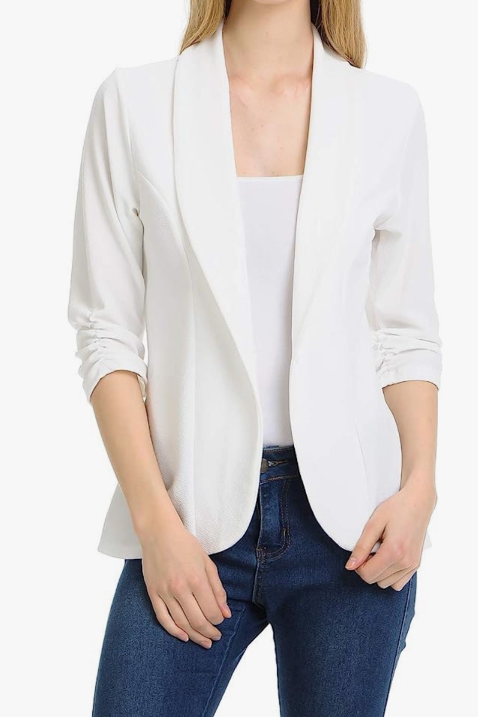 Lightweight blazer with ruched 3/4 length sleeves, perfect for summer/fall transition! 

#LTKxPrimeDay #LTKsalealert #LTKunder50