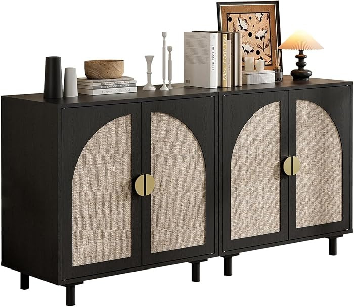 Modern Rattan Storage Sideboard Cabinet, Black Wood Buffet with Magnetic Latch, Adjustable Shelf.... | Amazon (US)