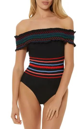 Women's Red Carter Smocked Off The Shoulder Swimsuit, Size X-Small - Black | Nordstrom