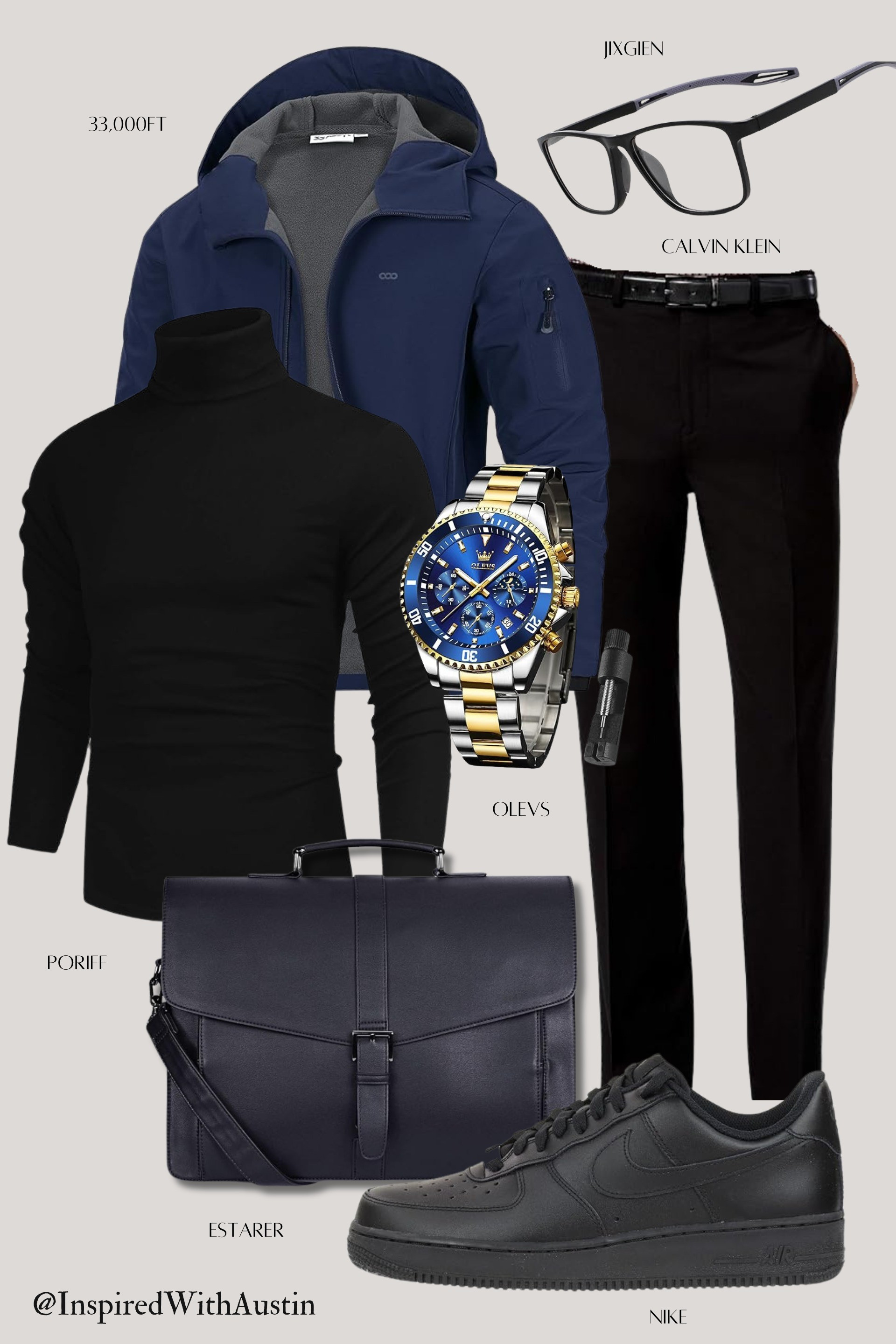 Navigate the day with confidence in a sleek turtleneck and classic black trousers, layered with a smart jacket for those cooler moments. A stylish watch, essential eyewear, and solid sneakers complete the ensemble, while a leather briefcase adds a professional touch. #SmartCasual #ProfessionalEdge #UrbanSophisticate

#LTKmens #LTKstyletip #LTKSeasonal