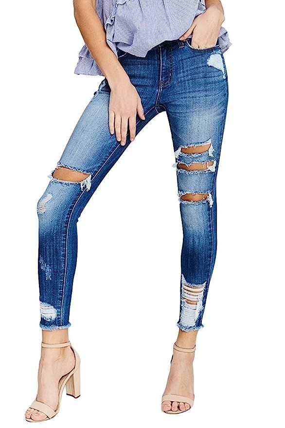 KAN CAN Jeans Sharon-Becky Mid-Rise Distressed Ripped Skinny Jeans KC5056LM | Amazon (US)