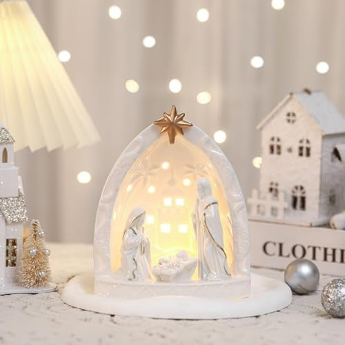 Cindeer Nativity Set for Christmas Indoor,Ceramic Nativity Scene with Light, Porcelain Statue Scu... | Amazon (US)