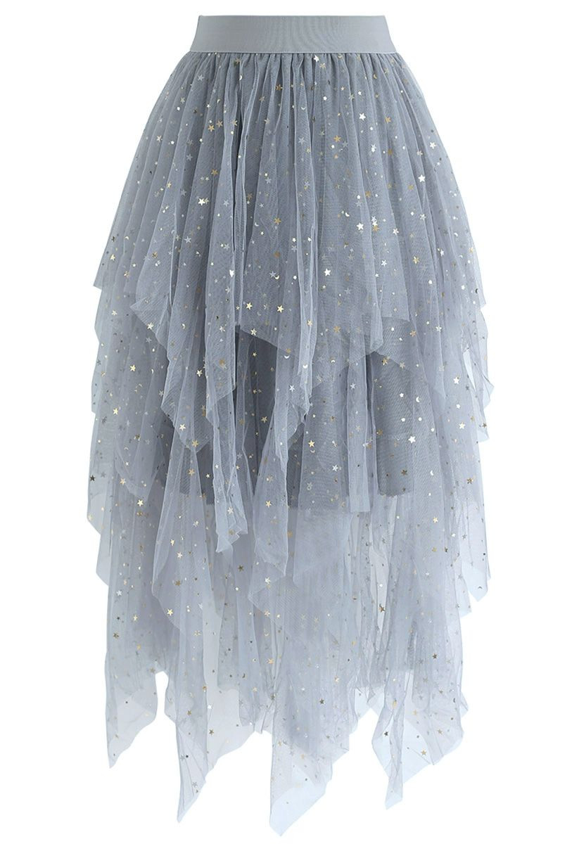 Shooting Stars Asymmetric Tiered Mesh Skirt in Blue | Chicwish