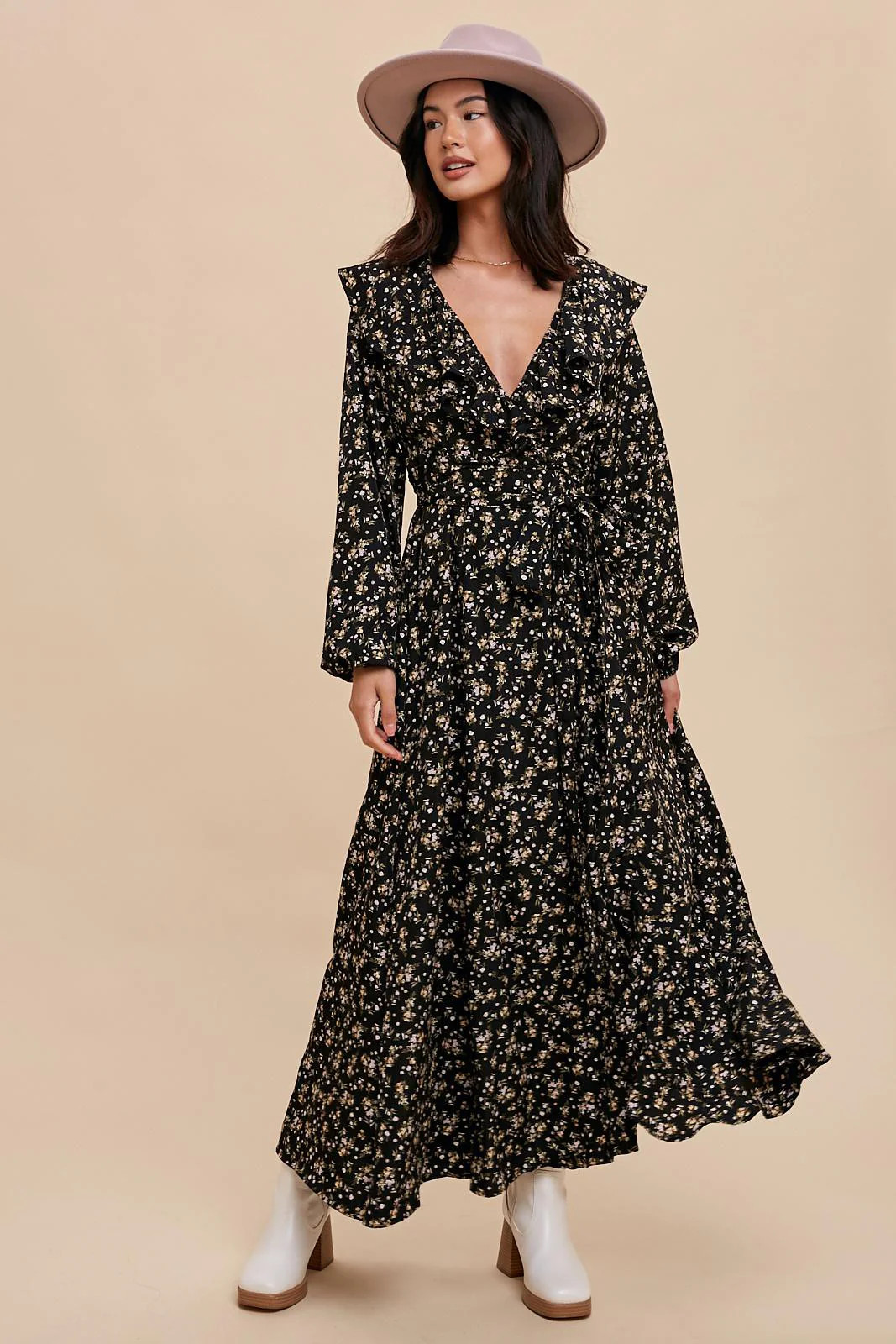 Black Floral Ruffle V-Neck Wrap Front Maternity Maxi Dress | PinkBlush Maternity