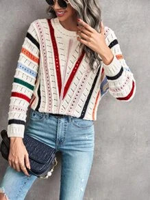 Block Striped Pattern Pointelle Knit Batwing Sleeve Sweater SKU: sw2208102166193764(74 Reviews)$2... | SHEIN