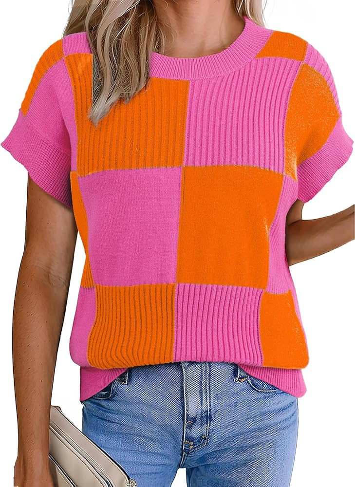 EVALESS Short Sleeve Sweater for Women Crewneck Color Block Knit Tops 2026 Spring Trendy Cap Slee... | Amazon (US)