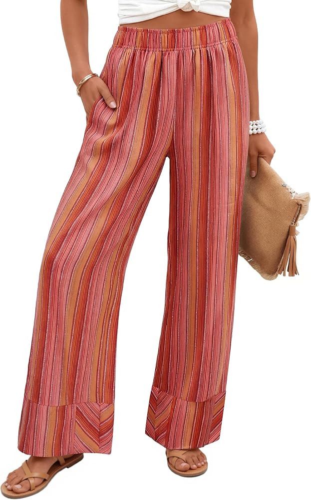 ZESICA Women's 2026 Summer Striped Wide Leg Palazzo Pants with Pockets | Amazon (US)