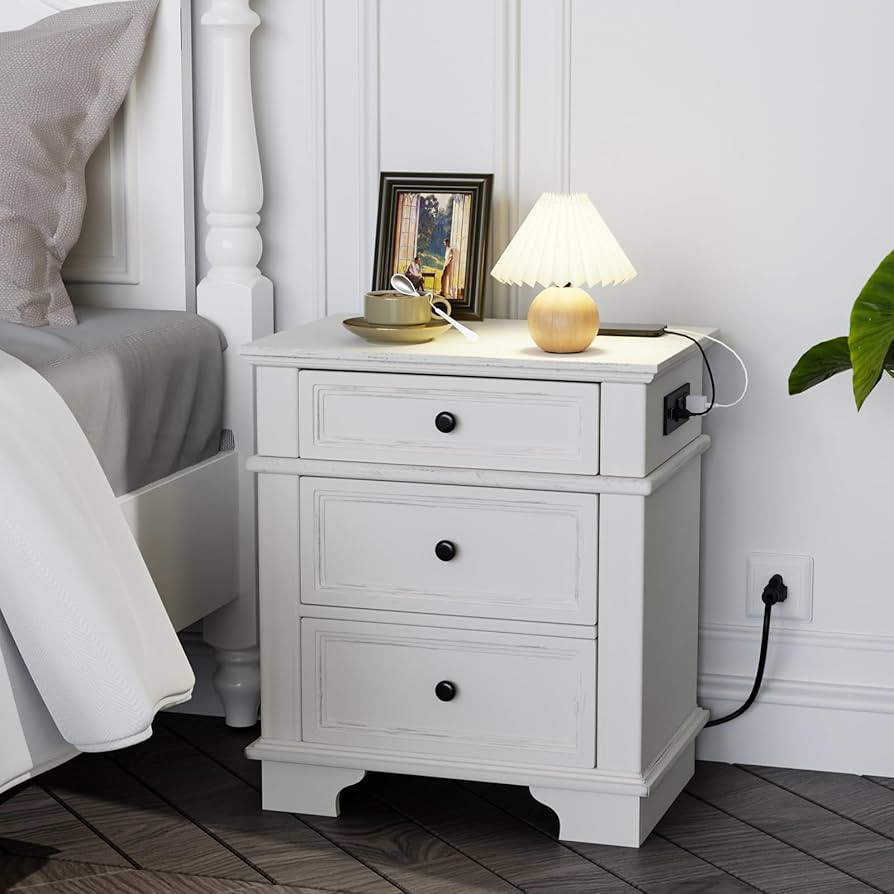 VINGLI Nightstand with Charging Station, 24" W Large Nightstand with 3 Textured Drawers, Bedroom ... | Amazon (US)