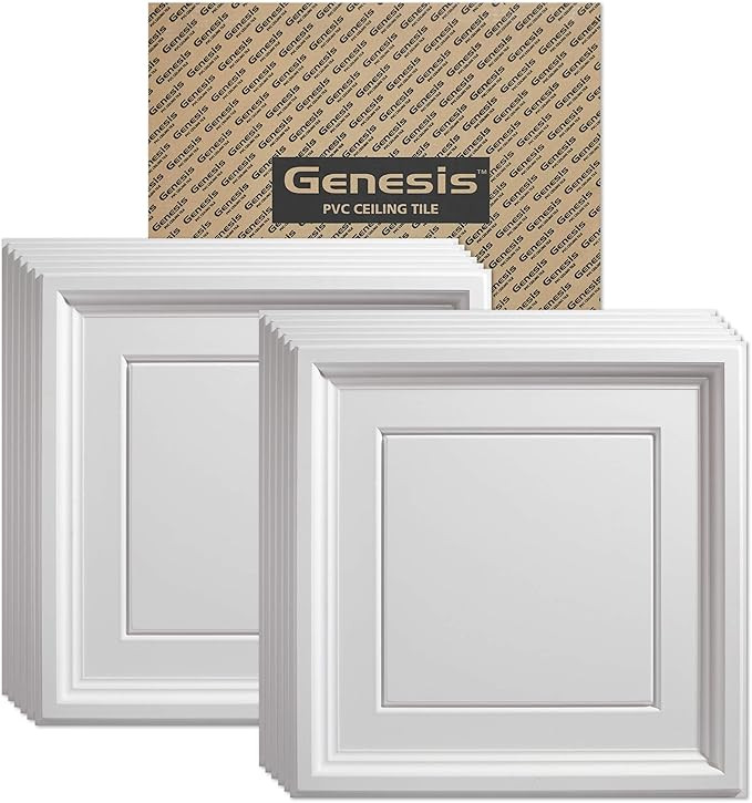 Genesis 2ft x 2ft White Icon Coffer Ceiling Tiles - Easy Drop-in Installation – Waterproof, Was... | Amazon (US)