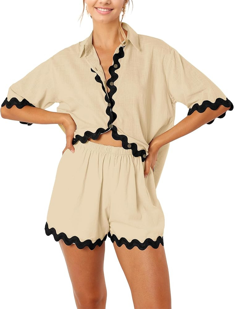 Womens 2 Piece Beach Vacation Outfits Button Down Short Sleeve Shirts and Shorts Summer Casual Lo... | Amazon (US)