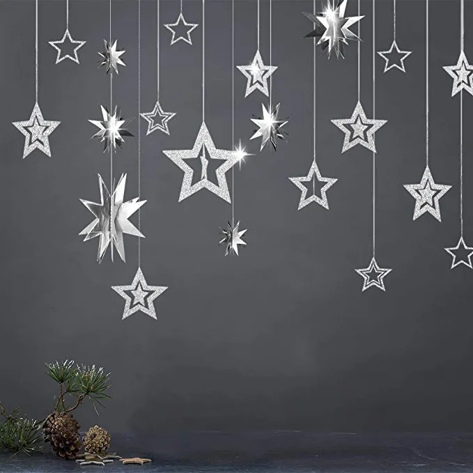 Glitter Silver Star Garlands 3D Star Decorations Hanging Paper Garland Twinkle Star Birthday Part... | Amazon (US)