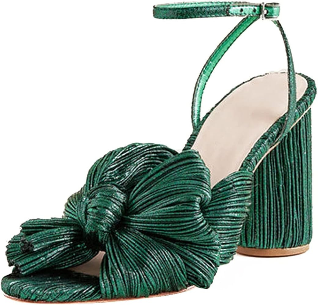 Vimisaoi Womens High Block Chunky Heel Sandals Fashion Open Toe Ankle Buckle Strap Pleated Bow Heel  | Amazon (US)