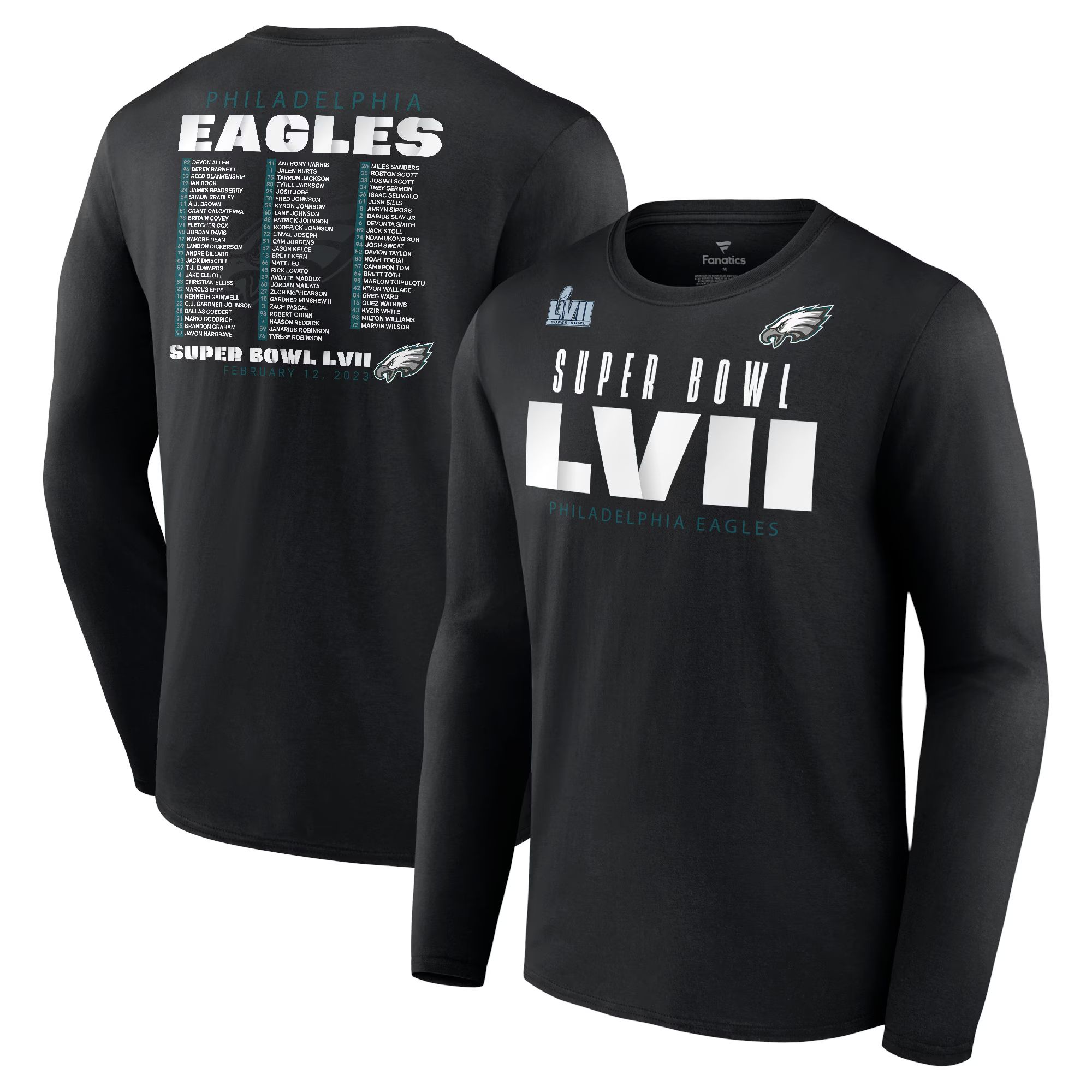 Philadelphia Eagles Fanatics Branded Super Bowl LVII Varsity Roster Long Sleeve T-Shirt - Black | Fanatics