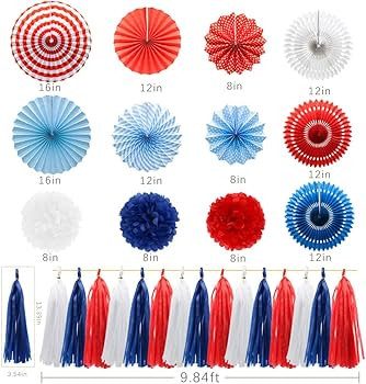 Navy Blue Red White Party Decorations Hanging Paper Fans Pom Poms Flowers Tissue Tassel Garland f... | Amazon (US)